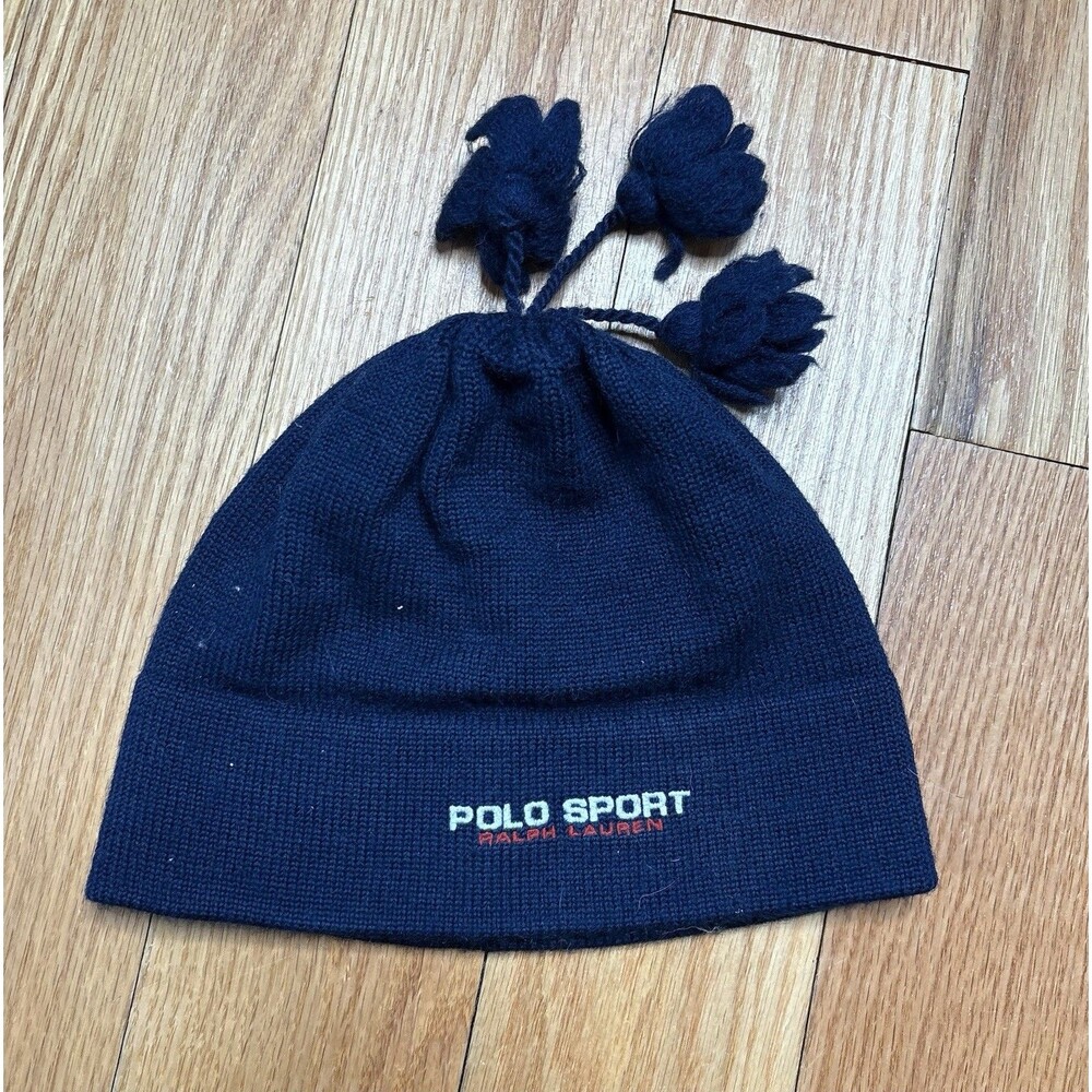 Vintage Polo Sport USA Knit Beanie Hat with Tassels Ralph Lauren American Flag